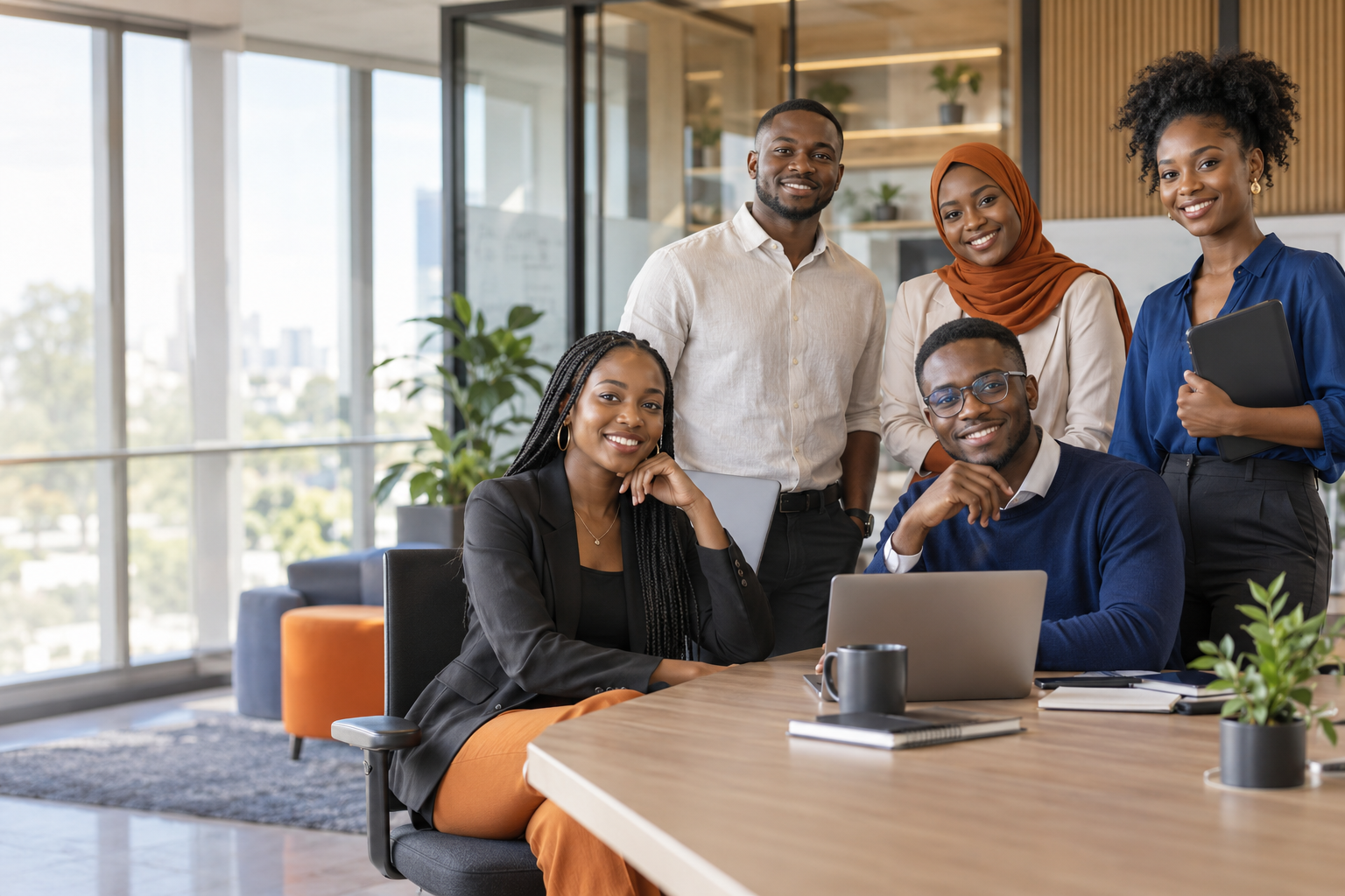 A diverse group of young African professionals collaborating in a modern workplace